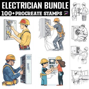 May include: A set of 100+ digital stamps for Procreate featuring illustrations of electricians working on electrical panels, appliances, and other electrical equipment. The stamps are in a cartoon style and are perfect for adding a touch of humor to your digital art.