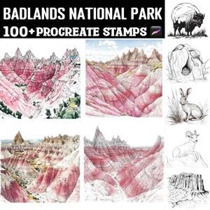 Puede incluir: Conjunto de arte digital con ilustraciones del Parque Nacional Badlands. El conjunto incluye pinturas de paisajes coloridas y dibujos en blanco y negro de vida silvestre, con el texto "BADLANDS NATIONAL PARK 100+ PROCREATE STAMPS" en la parte superior.