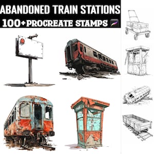 Könnte beinhalten: Ein Set mit über 100 digitalen Stempeln für Procreate mit Illustrationen von verlassenen Bahnhöfen. Die Stempel beinhalten verschiedene Elemente wie Waggons, Bahnhofsgebäude und Schilder. Die Illustrationen sind in Schwarzweiß gehalten und haben einen Vintage-Stil, der handgezeichnet wirkt.