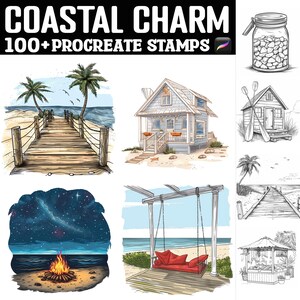 May include: A set of 100+ digital stamps for Procreate featuring illustrations of coastal scenes, including a beach house, a pier, a swing, a campfire, and a seashell jar. The stamps are in black and white line art style.