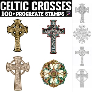 Puede incluir: Un conjunto de más de 100 sellos digitales de cruces celtas para Procreate. La imagen muestra seis diseños diferentes, incluyendo una cruz dorada, una cruz azul y verde, una cruz marrón, un diseño circular verde y dorado, y dos cruces en blanco y negro.