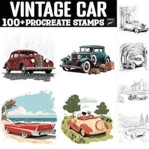 Puede incluir: Un conjunto de más de 100 sellos de coches antiguos para Procreate. Los sellos presentan una variedad de coches clásicos en diferentes estilos y entornos, incluyendo un coche rojo bajo la lluvia, un coche azul con equipaje, un descapotable rojo en una playa y un coche blanco y negro conduciendo por un bosque.