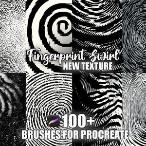 May include: A digital art graphic featuring eight black and white fingerprint swirl textures. The image includes the text "Fingerprint Swirl NEW TEXTURE" and "100+ BRUSHES FOR PROCREATE". The textures vary in pattern and style.