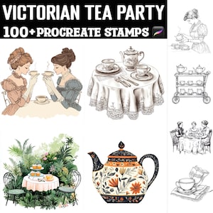 May include: A set of 100+ digital stamps for Procreate featuring Victorian tea party illustrations. The stamps include teapots, teacups, cakes, flowers, and ladies in Victorian dresses.