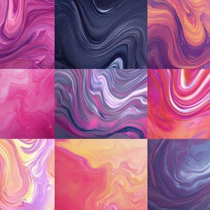 K&ouml;nnte beinhalten: Neun abstrakte Kunsttafeln mit wirbelnden Mustern in Pink-, Lila-, Orange- und Blaut&ouml;nen. Die Designs weisen flie&szlig;ende, marmorierte Effekte auf, die ein Gef&uuml;hl von Tiefe und Bewegung erzeugen. Die Farbpaletten variieren und bieten eine Vielfalt an visuellen Texturen.