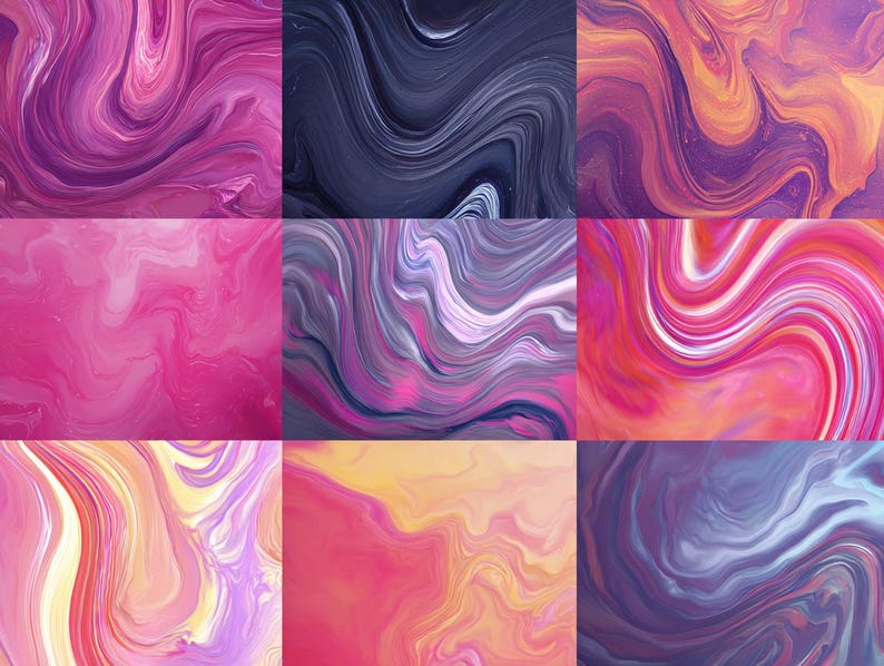 K&ouml;nnte beinhalten: Neun abstrakte Kunsttafeln mit wirbelnden Mustern in Pink-, Lila-, Orange- und Blaut&ouml;nen. Die Designs weisen flie&szlig;ende, marmorierte Effekte auf, die ein Gef&uuml;hl von Tiefe und Bewegung erzeugen. Die Farbpaletten variieren und bieten eine Vielfalt an visuellen Texturen.