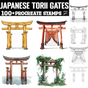 Peut inclure: Illustration numérique de différents styles de portes Torii japonaises. L'image comprend des illustrations colorées et des croquis en noir et blanc des portes traditionnelles des sanctuaires shinto. Le texte en haut indique "JAPANESE TORII GATES 100+ PROCREATE STAMPS."