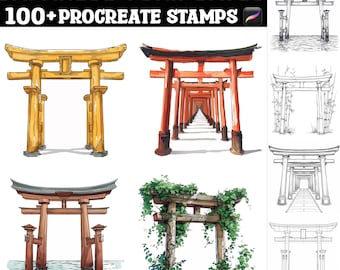 May include: Digital art featuring various Japanese Torii gates in different styles. The image includes colorful illustrations and black and white sketches of the traditional Shinto shrine gates. Text at the top reads "JAPANESE TORII GATES 100+ PROCREATE STAMPS."