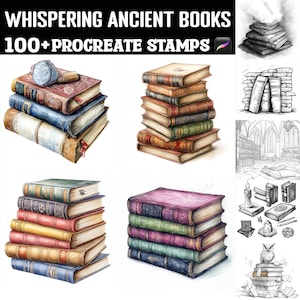 Puede incluir: Ilustración digital de pilas de libros antiguos con cubiertas de cuero de varios colores. La imagen incluye el texto "Whispering Ancient Books" y "100+ Procreate Stamps". Los libros están en un estilo acuarela.