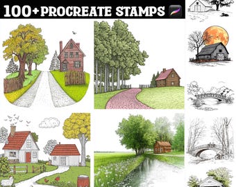 May include: A collection of digital art stamps featuring countryside scenes. The images include houses, trees, roads, and bridges, all rendered in a detailed, hand-drawn style. The text at the top reads "Countryside Scene 100+ Procreate Stamps."
