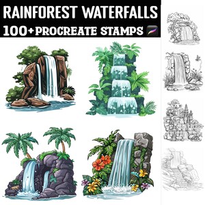 Puede incluir: Un conjunto de más de 100 sellos digitales que representan cascadas de selva tropical. Los sellos están en color y en blanco y negro, y presentan varios estilos de cascadas, incluyendo cascadas en cascada, cascadas de un solo nivel y cascadas con vegetación circundante.