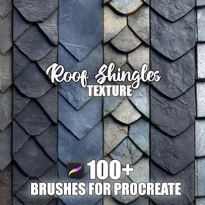 Op de afbeelding: Een digitale kunstafbeelding met verschillende texturen van dakspanen in grijstinten, blauw en zwart. De tekst "Roof Shingles Texture" wordt in cursief weergegeven, samen met "100+ Brushes for Procreate".