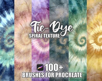 Op de afbeelding: Een digitale kunstafbeelding met zes verticale panelen met tie-dye spiraaltexturen in verschillende kleuren. De tekst "Tie-Dye Spiral Texture" wordt in cursief weergegeven, met "100+ Brushes for Procreate" eronder.