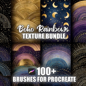 Könnte beinhalten: Ein digitales Kunstpaket mit Boho-Regenbogen-Thema, das verschiedene Texturen zeigt. Das Bild zeigt Designs in Gold, Blau und Lila, die himmlische Elemente integrieren. Der Text lautet "Boho Rainbows Texture Bundle" und "100+ Brushes for Procreate."