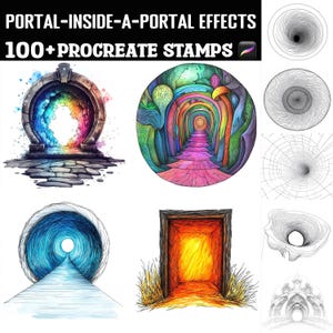 Könnte beinhalten: Ein Set mit über 100 Procreate-Stempeln mit verschiedenen Portal- und Portaleffekt-Designs. Die Stempel umfassen farbenfrohe, wirbelnde und geometrische Designs sowie einen Steinbogen mit einem Regenbogenportal.