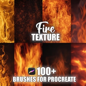 Peut inclure: Un produit d'art numérique présentant diverses textures de feu dans des tons orange, jaune et rouge. Le texte "Fire Texture" est affiché en évidence, ainsi que "100+ Brushes for Procreate". L'image présente une collection d'éléments d'art numérique sur le thème du feu.