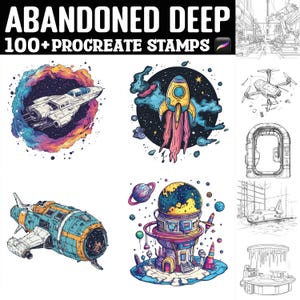 Puede incluir: Imagen digital con el texto "ABANDONED DEEP" y "100+ PROCREATE STAMPS". La imagen presenta ilustraciones coloridas de objetos con temática espacial, incluyendo una nave espacial, un cohete y un edificio futurista, todo en un estilo vibrante.