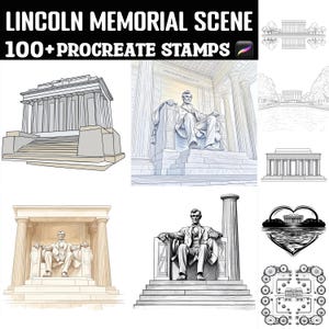 May include: Digital art set featuring the Lincoln Memorial. The image includes illustrations of the memorial building, the Lincoln statue, and other related designs. Text at the top reads "LINCOLN MEMORIAL SCENE 100+ PROCREATE STAMPS".