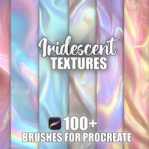 Puede incluir: Texturas de arte digital en tonos rosa, azul y dorado. La imagen presenta el texto "Iridescent TEXTURES" y "100+ BRUSHES FOR PROCREATE" con un icono de la aplicación Procreate.