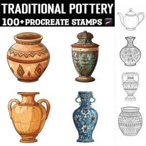 May include: A set of 100+ Procreate stamps featuring traditional pottery designs. The stamps include various styles of vases, urns, and jugs with intricate patterns and colors. The stamps are perfect for creating digital art and illustrations.