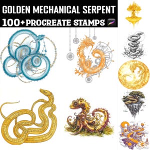 Puede incluir: Arte digital con varios diseños de serpientes mecánicas doradas. La imagen incluye ilustraciones de serpientes con detalles intrincados, engranajes y una estética steampunk. El texto en la parte superior dice "GOLDEN MECHANICAL SERPENT 100+ PROCREATE STAMPS".