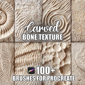 Puede incluir: Un producto de arte digital que muestra texturas de hueso talladas. La imagen presenta varios patrones, incluyendo espirales y diseños ondulados, en color beige. También se ve el texto "Carved Bone Texture" y "100+ Brushes for Procreate".