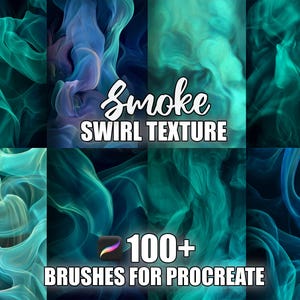 May include: A digital art graphic featuring a collection of swirling smoke textures in shades of teal, blue, and purple. The text "Smoke Swirl Texture" and "100+ Brushes for Procreate" are displayed in white, along with the Procreate app logo.