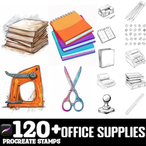 May include: A set of 120+ office supply stamps for Procreate. The stamps include a variety of office supplies, such as a stapler, scissors, a notebook, a ruler, a pencil, a pen, and a printer. The stamps are in black and white.