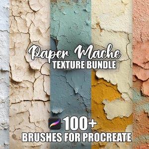 May include: A digital art bundle featuring various paper mache textures. The image displays a collection of colorful, weathered wall textures in shades of white, beige, blue, yellow, and coral. Text reads "Paper Mache Texture Bundle" and "100+ Brushes for Procreate."