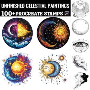 May include: A set of 100+ celestial-themed Procreate stamps featuring illustrations of moons, suns, stars, and planets in various colours and styles. The stamps are perfect for creating digital art and designs.