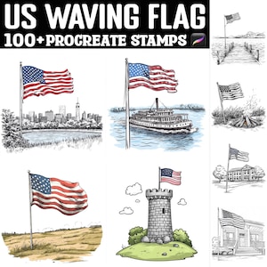 May include: A digital illustration set of 100+ Procreate stamps featuring various designs of the American flag waving in the wind. The stamps include flags on boats, buildings, and other scenes.