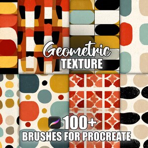 Könnte beinhalten: Eine Sammlung farbenfroher geometrischer Muster in verschiedenen Designs. Das Bild zeigt den Text "Geometric Texture" und "100+ Brushes for Procreate". Die Muster umfassen Formen wie Ovale, Rechtecke und Kreise in Farben wie Rot, Gelb, Schwarz und Blau.
