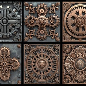 May include: Six square panels with steampunk designs. The panels display detailed metalwork with gears, cogs, and ornate patterns in silver, bronze, and copper hues. The designs are set against a textured, dark grey background, creating a vintage aesthetic.