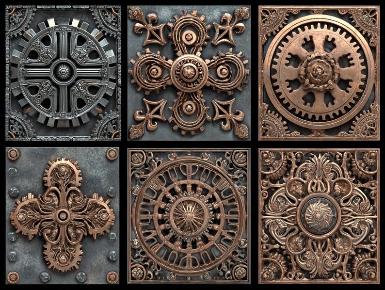 May include: Six square panels with steampunk designs. The panels display detailed metalwork with gears, cogs, and ornate patterns in silver, bronze, and copper hues. The designs are set against a textured, dark grey background, creating a vintage aesthetic.
