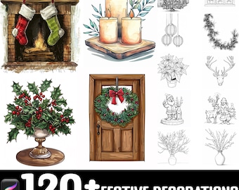 Más de 120 sellos para decoraciones festivas / pinceles para Procreate / descarga digital instantánea