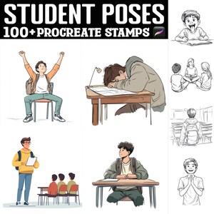 May include: A set of 100+ digital stamps featuring illustrations of students in various poses. The stamps are designed for use with the Procreate app. The illustrations depict students in a variety of classroom settings, including sitting at desks, sleeping, and raising their hands.