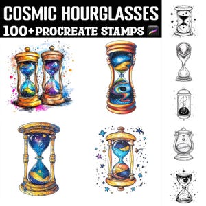 May include: A set of 100+ digital stamps featuring colorful hourglass designs with cosmic and galaxy themes. The stamps are perfect for adding a unique touch to your digital art and crafts.