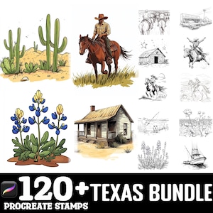 May include: A set of 120+ Texas-themed Procreate stamps featuring illustrations of cacti, bluebonnets, a cowboy riding a horse, a cabin, cotton, and other Texas imagery.