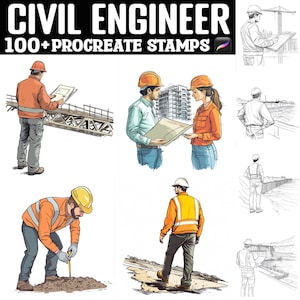 May include: A set of 100+ digital stamps for Procreate featuring illustrations of civil engineers, construction workers, and various construction elements. The stamps are in black and white line art style.
