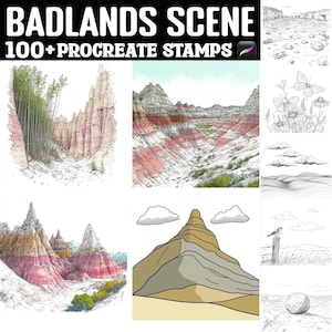 Puede incluir: Sellos de arte digital que representan varias escenas de Badlands. La imagen incluye ilustraciones de cañones, formaciones rocosas y paisajes. El texto "BADLANDS SCENE" y "100+ PROCREATE STAMPS" se muestra en la parte superior de la imagen.