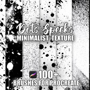 Pode incluir: Um produto de arte digital com texturas minimalistas com pontos e manchas. A imagem mostra vários padrões em preto e branco, incluindo respingos e salpicos, com o texto "Dots Specks Minimalist Texture" e "100+ Brushes for Procreate".