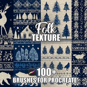 May include: Digital art product featuring folk texture patterns in navy and cream. The image includes illustrations of deer, trees, houses, and bears. Text reads "Folk Texture" and "100+ Brushes for Procreate".