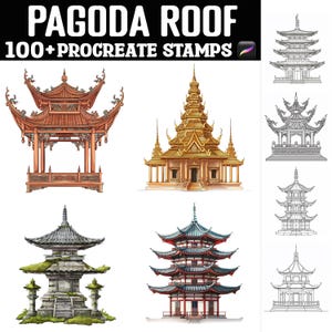 Puede incluir: Un conjunto de más de 100 sellos de Procreate con varios diseños de techos de pagoda. Los sellos incluyen una variedad de estilos, colores y tamaños, perfectos para agregar un toque de arquitectura asiática a tu arte digital.