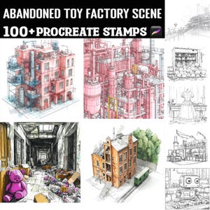 May include: Digital art set titled "Abandoned Toy Factory Scene" with over 100 Procreate stamps. The artwork features sketches of an abandoned factory, industrial structures, and a dilapidated building with a train.
