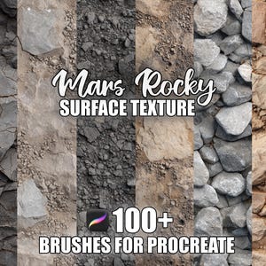 Puede incluir: Imagen que muestra diversas texturas de superficie rocosa, con variaciones de color y patrón. El texto «Mars Rocky SURFACE TEXTURE» y «100+ BRUSHES FOR PROCREATE» se muestran. Las texturas incluyen piedra agrietada y grava.