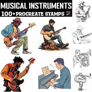 May include: A set of 100+ Procreate stamps featuring illustrations of people playing musical instruments. The illustrations include a person playing a bass guitar, a person playing an acoustic guitar, a person playing a piano, and a person playing a tuba.