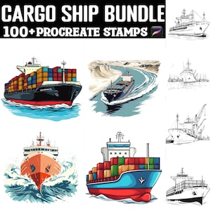 May include: A set of 100+ Procreate stamps featuring illustrations of cargo ships. The stamps include various styles of cargo ships, including container ships, bulk carriers, and tankers. The stamps are perfect for adding a nautical touch to your digital art.