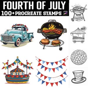May include: A set of 100+ digital stamps for the Procreate app, featuring illustrations of Fourth of July themes, including a vintage truck, a grill with hot dogs and hamburgers, a carnival tent, a pie, a hat, and bunting.