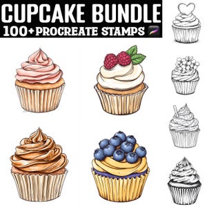 Puede incluir: Paquete de arte digital con diseños de cupcakes. La imagen incluye ilustraciones coloridas de cupcakes con diferentes coberturas, como bayas y glaseado, junto con dibujos lineales en blanco y negro. El texto en la parte superior dice "CUPCAKE BUNDLE 100+ PROCREATE STAMPS."