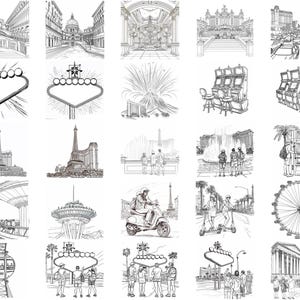 Puede incluir: Una colecci&oacute;n de dibujos en blanco y negro que representan varios monumentos y atracciones de Las Vegas, Nevada. Los dibujos incluyen el ic&oacute;nico letrero de Las Vegas, las fuentes del Bellagio, la r&eacute;plica de la Torre Eiffel, la noria High Roller y los canales venecianos.